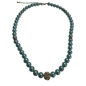 Pearl Necklace Light Blue Rhinestone Accent Silver tone